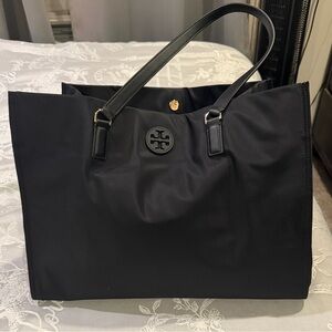 Tory Burch Ella Gold Tone Black Nylon Tote with Logo Tory Medallion